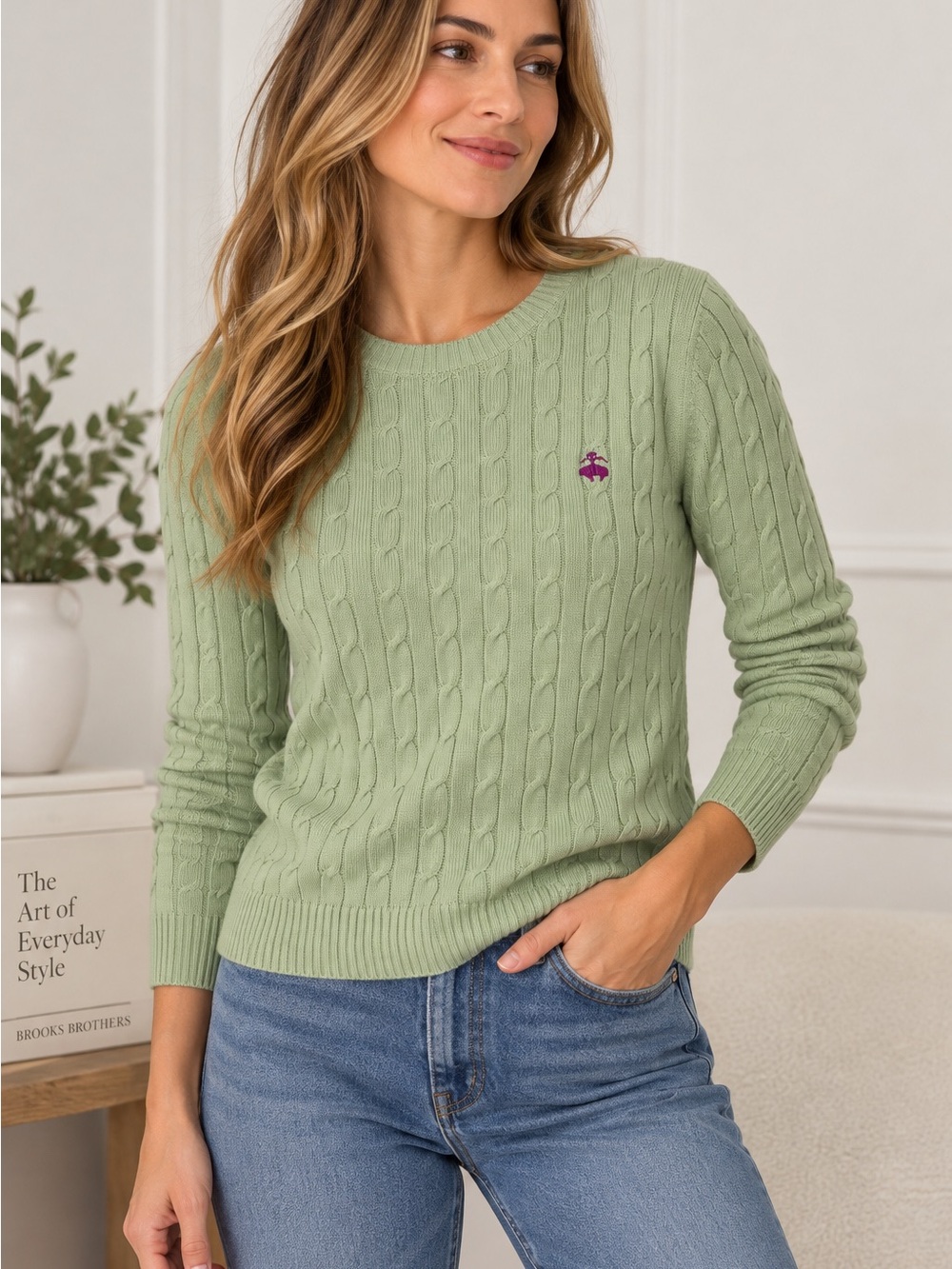 Brooks Brothers Women's Cable-Knit Crewneck Sweater in Sage Green Size M Cotton